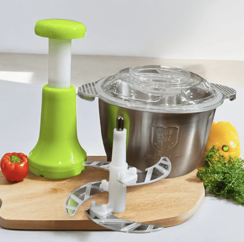 Manual Stainless Steel 2000 ML Food Chopper with 4 Curved Blades – Handheld Vegetable, Fruit, Nut, and Herb Mincer/Blender