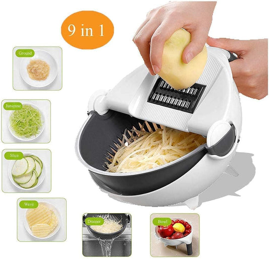 Plastic 9-in-1 Multi-Functional Vegetable Cutter, Grater, Slicer & Peeler with Wet Rotating Drain Basket Strainer – Folding Kitchen Chopper & Drainer