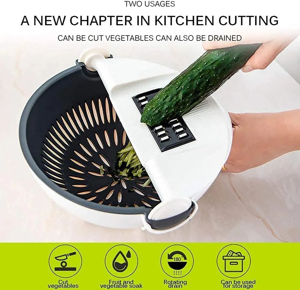 Plastic 9-in-1 Multi-Functional Vegetable Cutter, Grater, Slicer & Peeler with Wet Rotating Drain Basket Strainer – Folding Kitchen Chopper & Drainer
