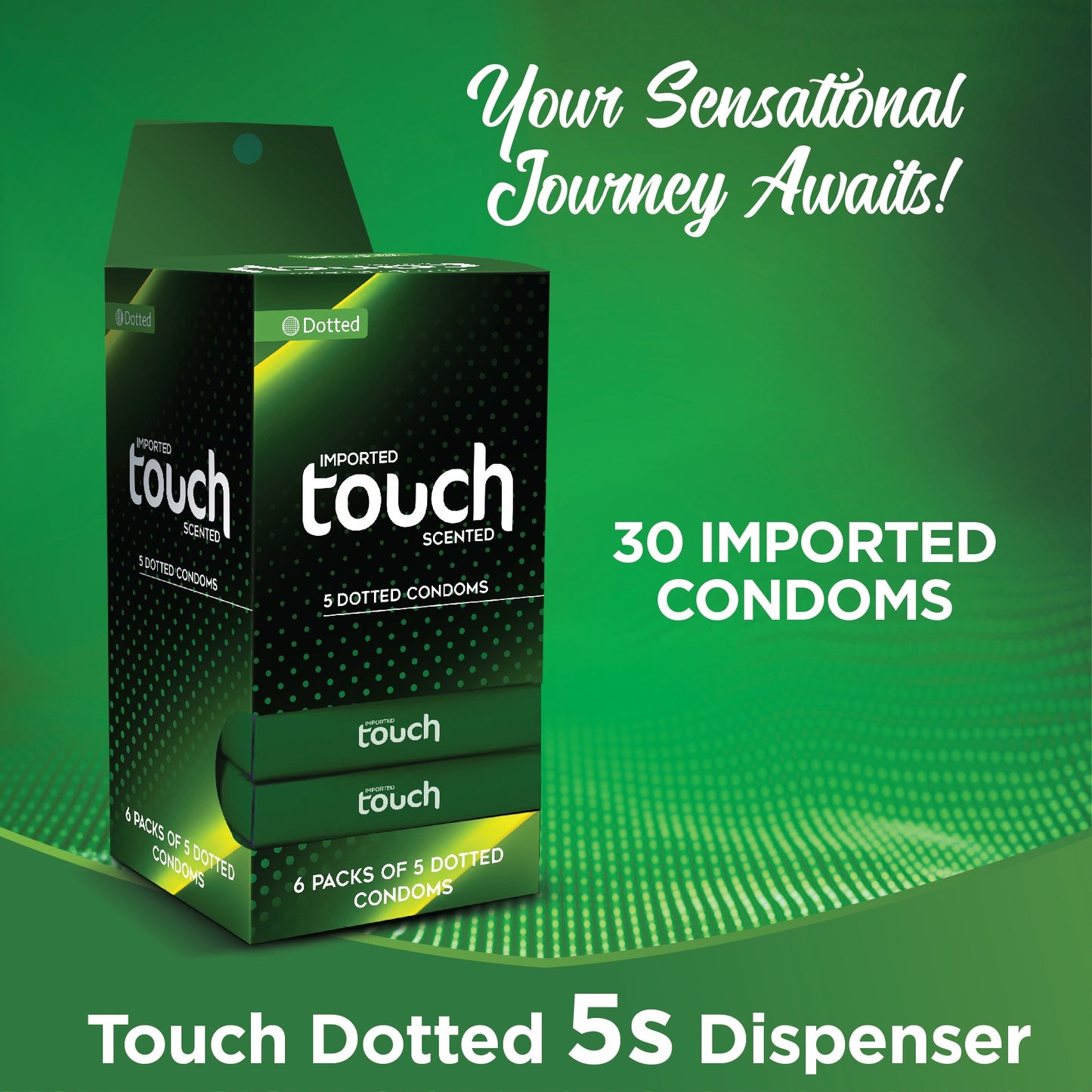 Touch Dotted Condoms โ 30-Pack Dispenser (5 x 6's)