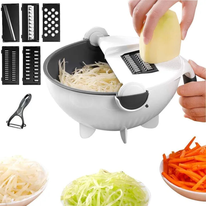 Plastic 9-in-1 Multi-Functional Vegetable Cutter, Grater, Slicer & Peeler with Wet Rotating Drain Basket Strainer – Folding Kitchen Chopper & Drainer