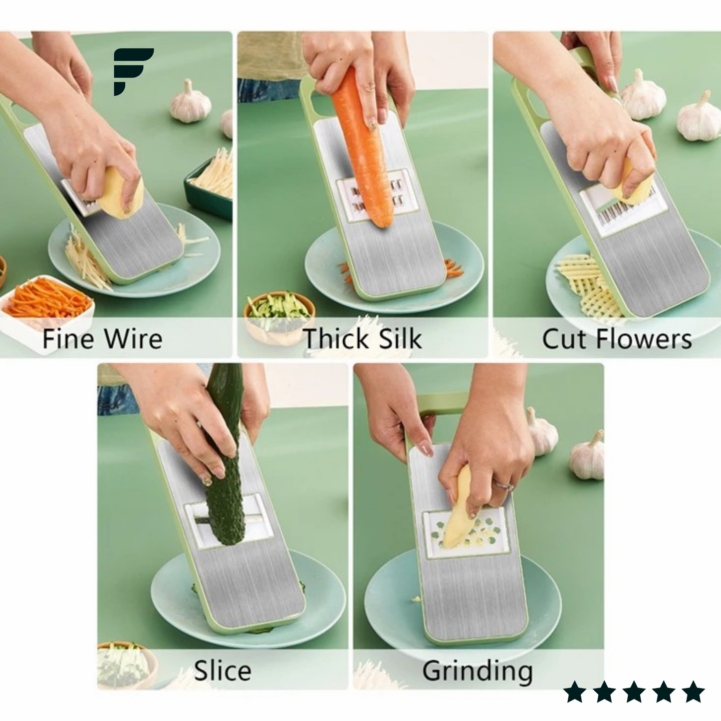 5-in-1 Multifunctional Manual Vegetable & Fruit Slicer with Interchangeable Blades and Hand Protector β Effortless Slicing, Chopping, and Grating for Easy Meal Prep
