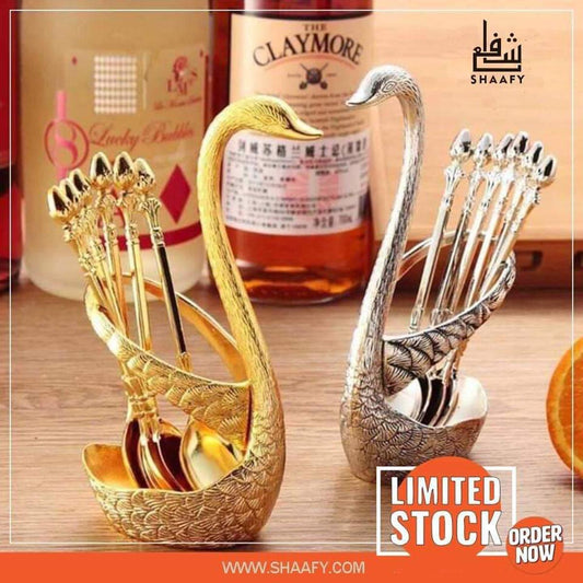 Stainless Steel Swan Shaped Tea Spoon Holder with 6 Spoons – Elegant Gold/Silver Design