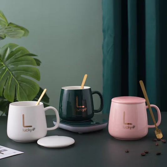 USB Electric Coffee Mug Warmer Set for Desk – Auto On/Off, Keeps Drinks Warm at 40-50℃, Includes Ceramic Mug, Lid & Spoon –