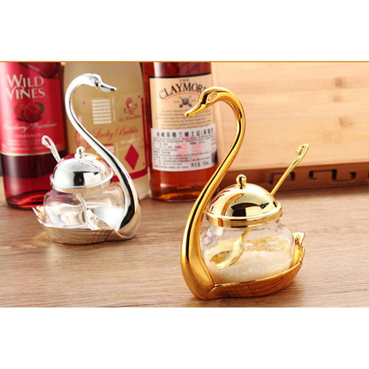 Stainless Steel Swan Spice Jar with Spoon – Decorative Sugar Bowl & Seasoning Container for Kitchen Storage