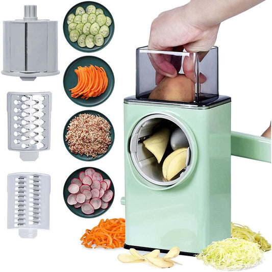 Multifunctional Hand Crank Vegetable Slicer & Cheese Grater with 3 Stainless Steel Drum Blades – Rotary Potato Cutter & Shredder for Fruits, Vegetables, and Cheese