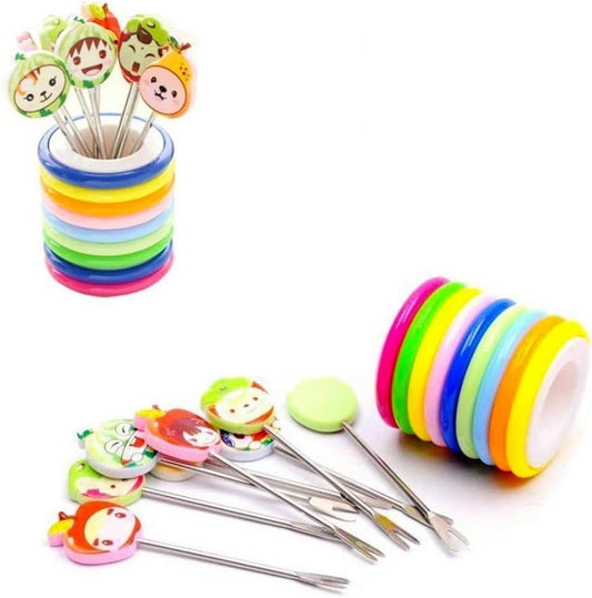 Colorful Cartoon Shape Fruit Fork Set for Kids with Stainless Steel Forks and Multicolor Ring Stand – 8 Piece Party Set
