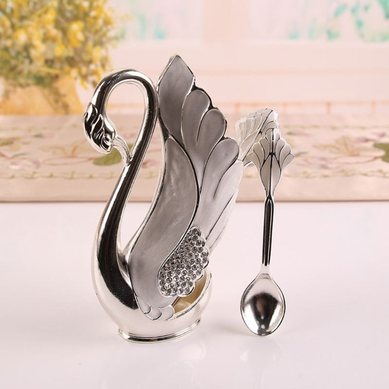6-Piece Metal Coffee & Dessert Spoon Set with Swan Base Holder – Teaspoons, Dinner Spoons, and Fruit Spoons