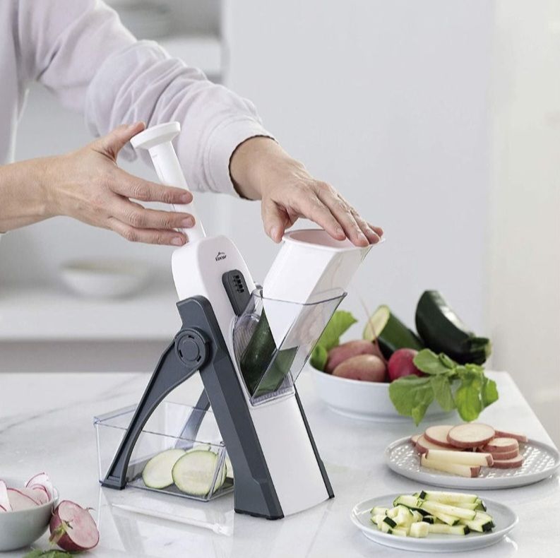 5-in-1 Multifunctional Vegetable and Fruit Cutter with Spring Slicer Pump, Mandoline Slicer, Chopper, Container, and Grater
