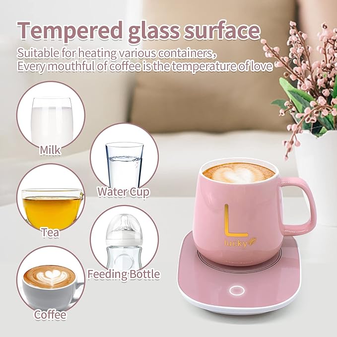 Pink Coffee Mug Warmer for Desk with Automatic Sensor Switch – Portable Beverage and Candle Warmer for Heating Coffee, Tea, Milk, and More – Perfect Winter Gift and Office Desk Accessory