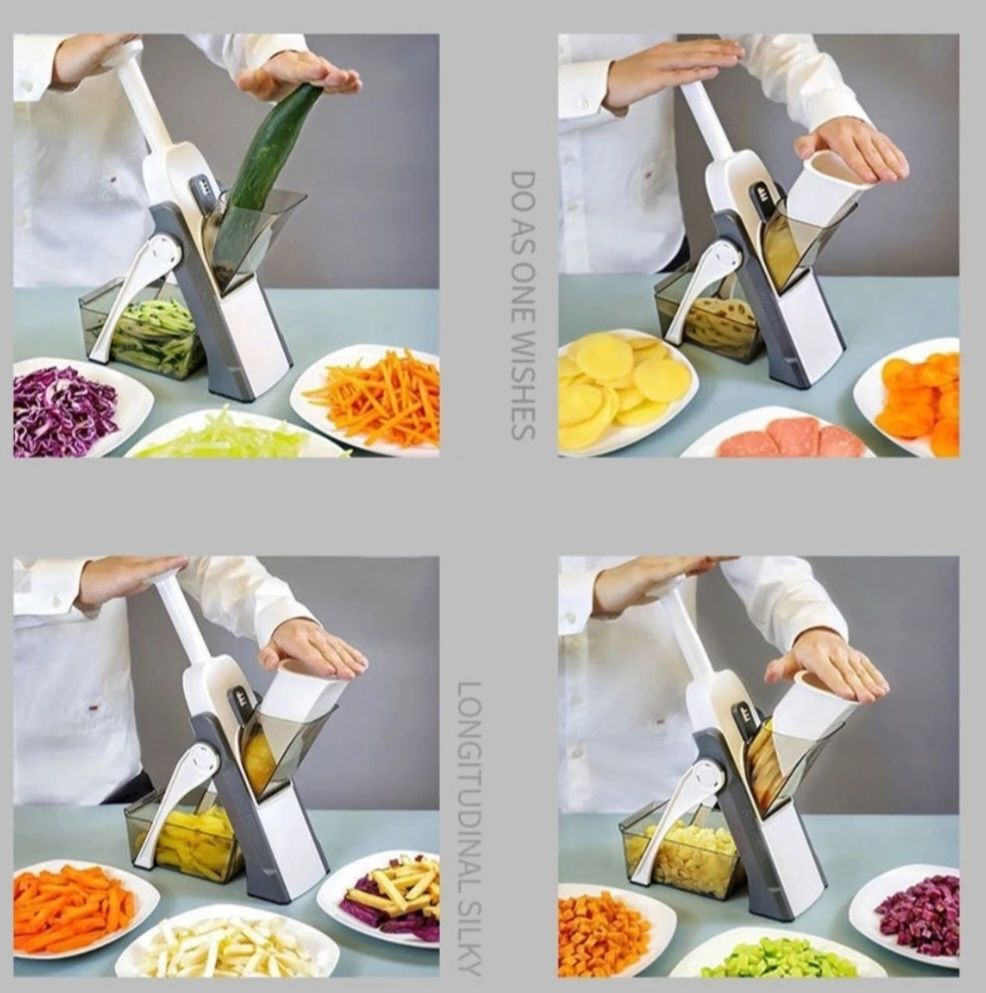 5-in-1 Multifunctional Vegetable and Fruit Cutter with Spring Slicer Pump, Mandoline Slicer, Chopper, Container, and Grater