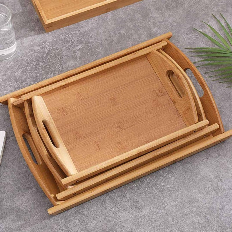 Set of 3 Bamboo Wooden Multipurpose Trays with Handles for Serving Breakfast, Food, and Refreshments โ Different Sizes