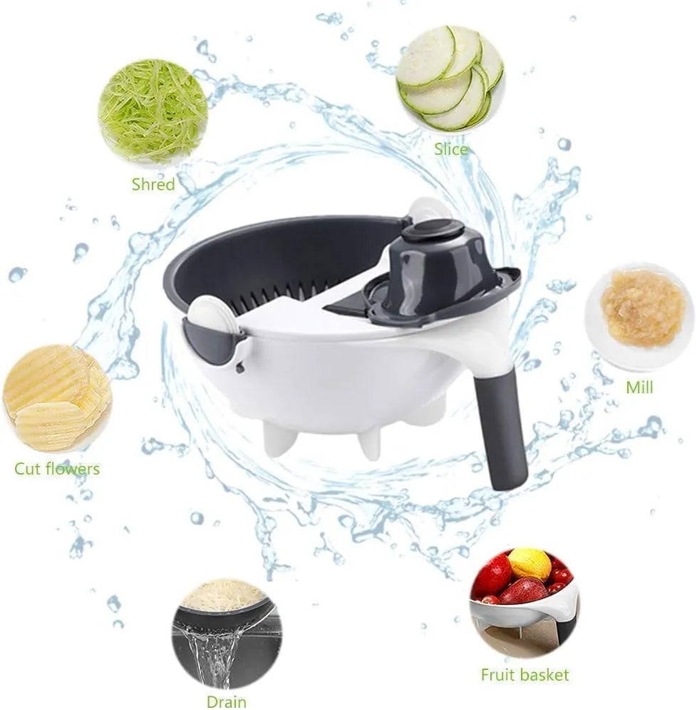 Plastic 9-in-1 Multi-Functional Vegetable Cutter, Grater, Slicer & Peeler with Wet Rotating Drain Basket Strainer – Folding Kitchen Chopper & Drainer