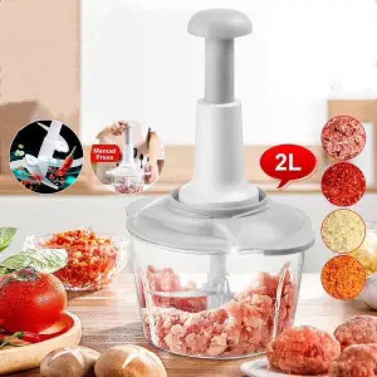 2000ml Chopper - Powerful Manual Food Chopper - Hand held Mini Food Processor, Vegetables, Fruits, Onions Choppers, Dicers and Mincers - Pump Action With 4 blades