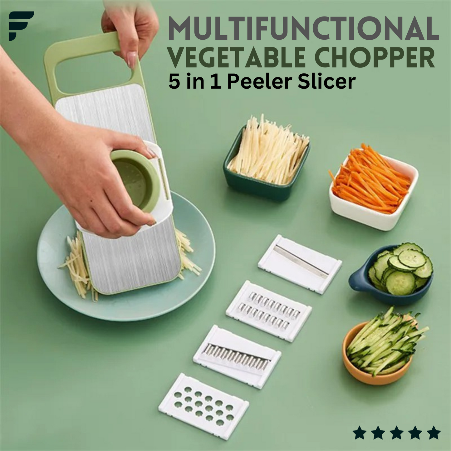 5-in-1 Multifunctional Manual Vegetable & Fruit Slicer with Interchangeable Blades and Hand Protector β Effortless Slicing, Chopping, and Grating for Easy Meal Prep