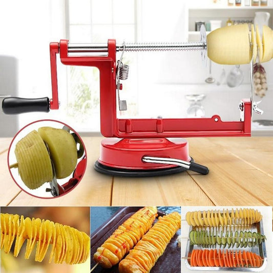 Red Stainless Steel Manual Twisted Potato Apple Spiral Slicer & French Fry Cutter - Vegetable Spiralizer Cooking Tool