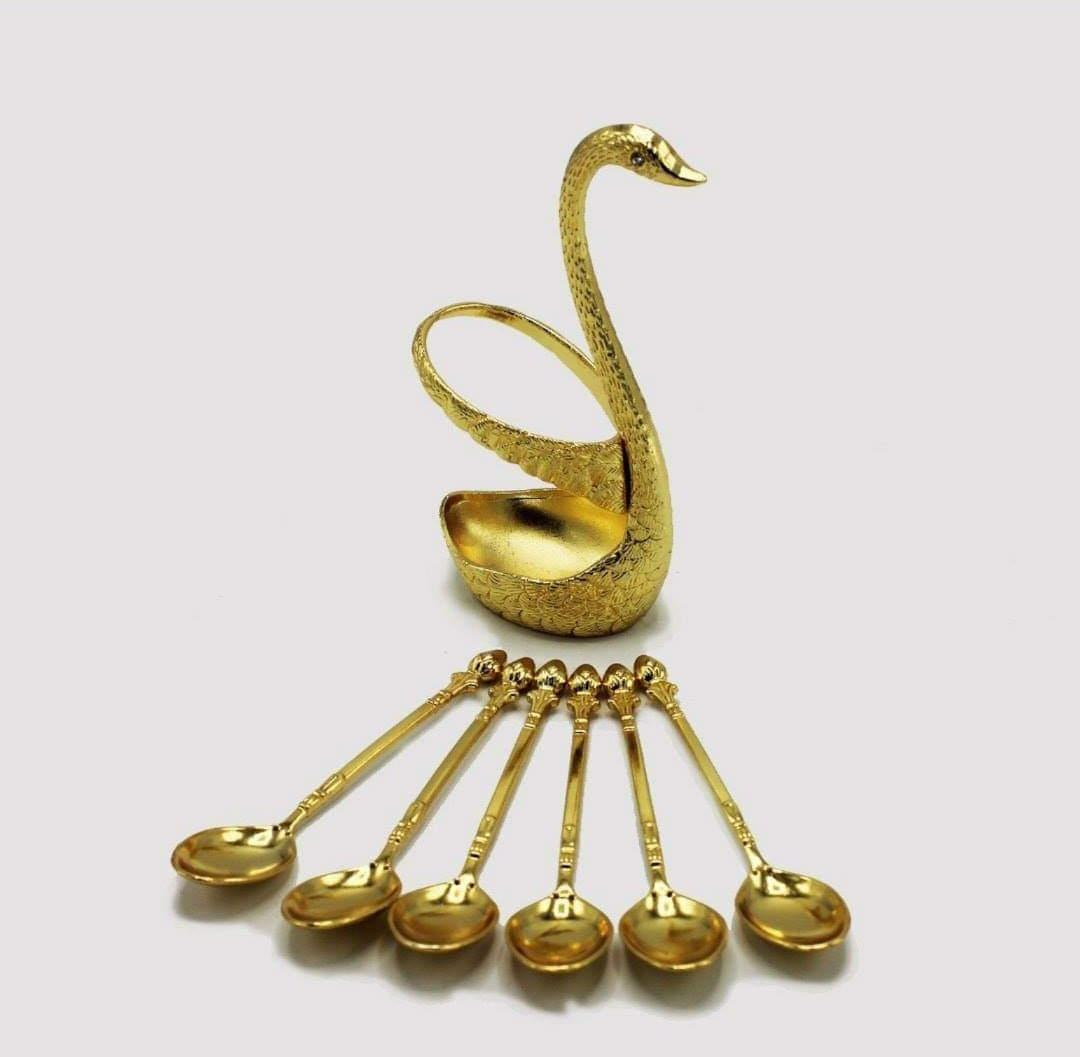 Stainless Steel Swan Shaped Tea Spoon Holder with 6 Spoons – Elegant Gold/Silver Design