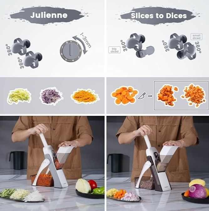 5-in-1 Multifunctional Vegetable and Fruit Cutter with Spring Slicer Pump, Mandoline Slicer, Chopper, Container, and Grater