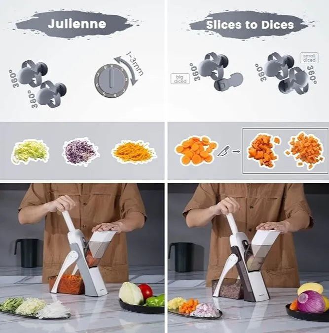 5-in-1 Multifunctional Vegetable and Fruit Cutter with Spring Slicer Pump, Mandoline Slicer, Chopper, Container, and Grater