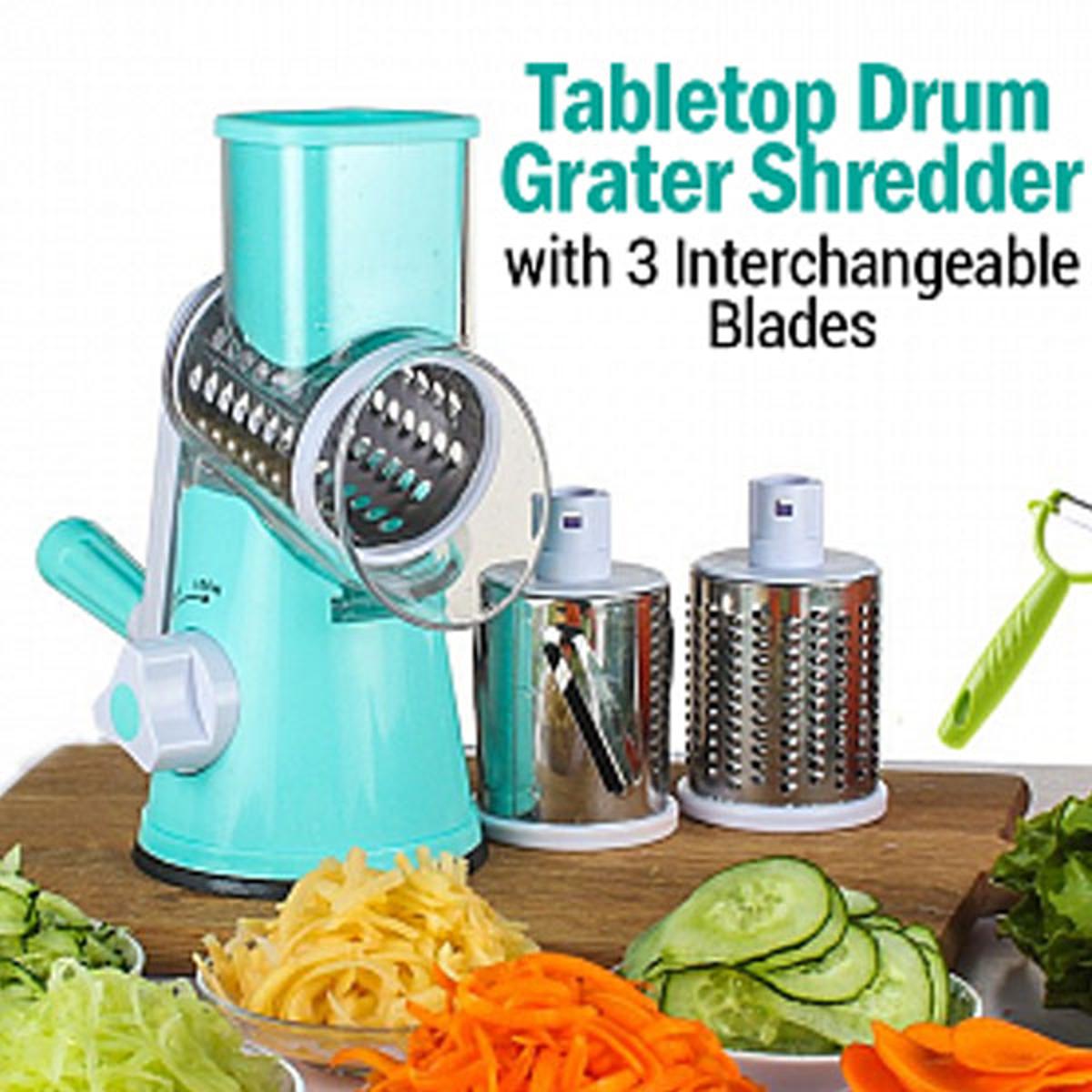 Manual Tabletop Drum Cheese Grater – 3-in-1 Rotary Shredder Slicer for Cheese, Vegetables, and Fruits