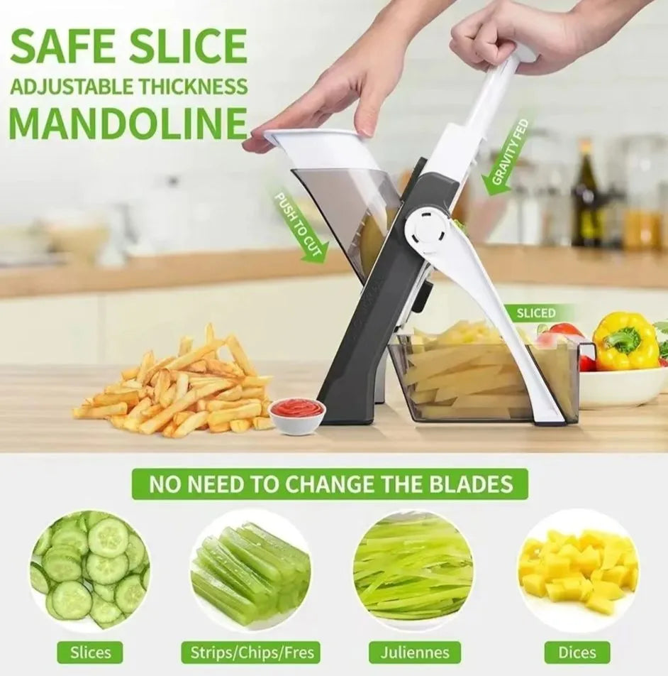 5-in-1 Multifunctional Vegetable and Fruit Cutter with Spring Slicer Pump, Mandoline Slicer, Chopper, Container, and Grater