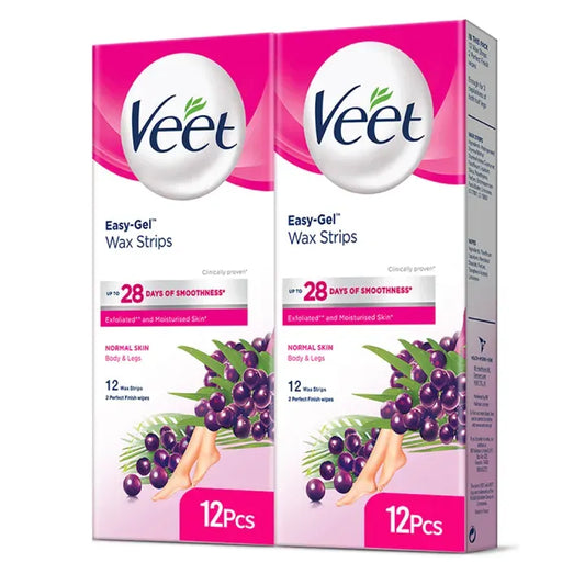 Veet Body Wax Strips for Normal Skin – 12 Strips (Pack of 2) | Easy‑Gelwax™, Shea Butter & Acai Berries Scent