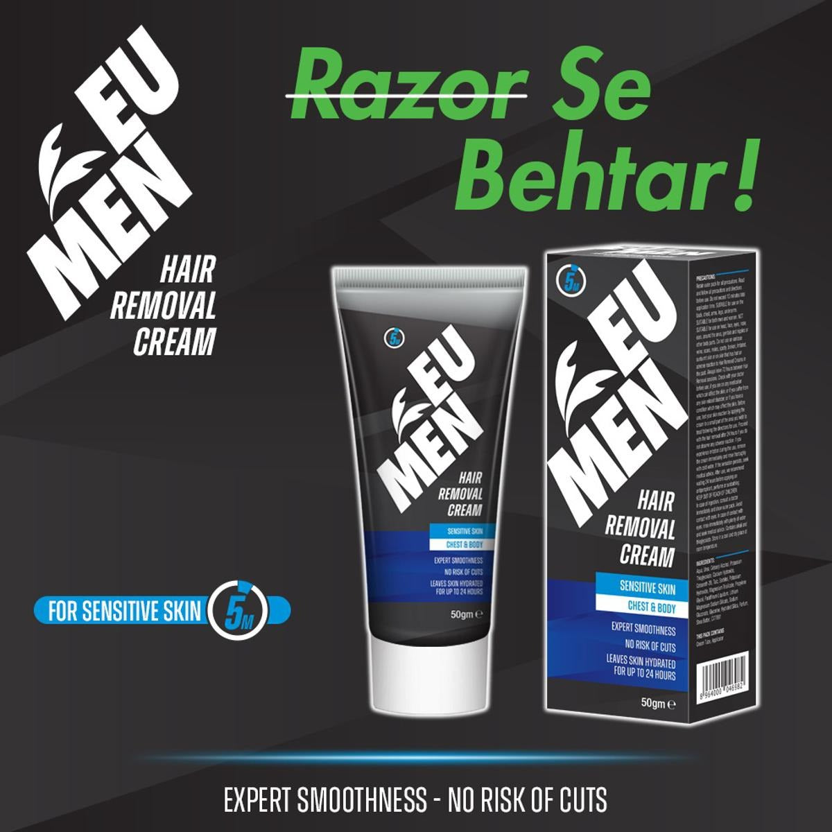 EU Men Sensitive Skin Hair Removal Cream – 50g, Quick & Painless
