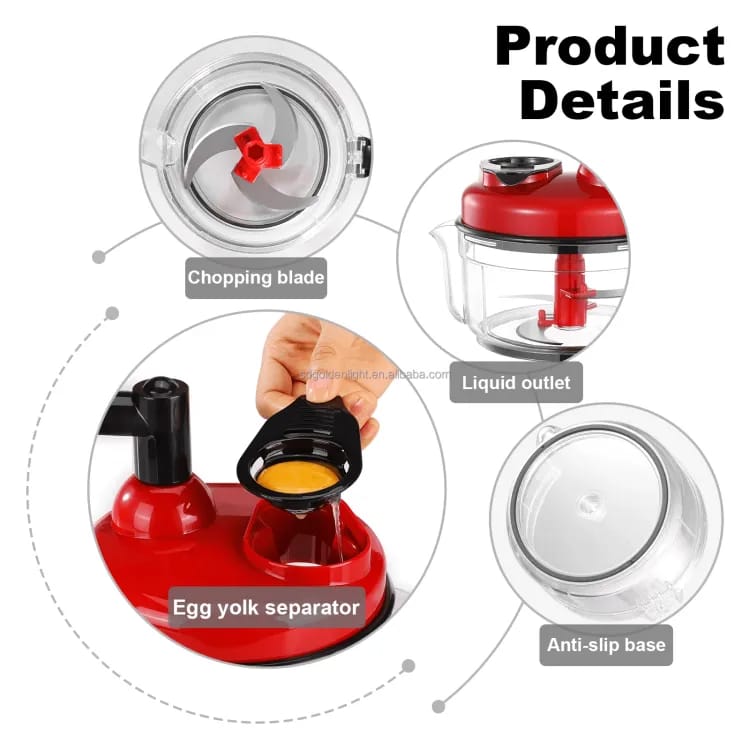 1L Manual Food Chopper - Quick Vegetable Cutter, Salad Maker, Mincer & Blender with 3 Stainless Steel Blades - Handheld Kitchen Tool