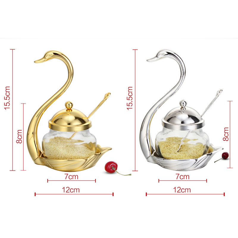 Stainless Steel Swan Spice Jar with Spoon – Decorative Sugar Bowl & Seasoning Container for Kitchen Storage