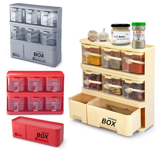 Spice Rack Storage Box Set – 6 Piece Seasoning Container with Spoon | Food Grade Plastic | Easy to Assemble & Disassemble | Masala Box for Kitchen Organizer