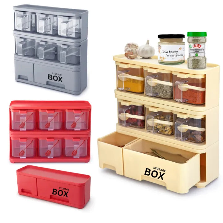 Spice Rack Storage Box Set – 6 Piece Seasoning Container with Spoon | Food Grade Plastic | Easy to Assemble & Disassemble | Masala Box for Kitchen Organizer