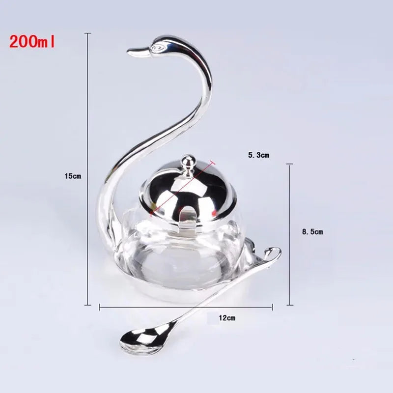 Stainless Steel Swan Spice Jar with Spoon – Decorative Sugar Bowl & Seasoning Container for Kitchen Storage