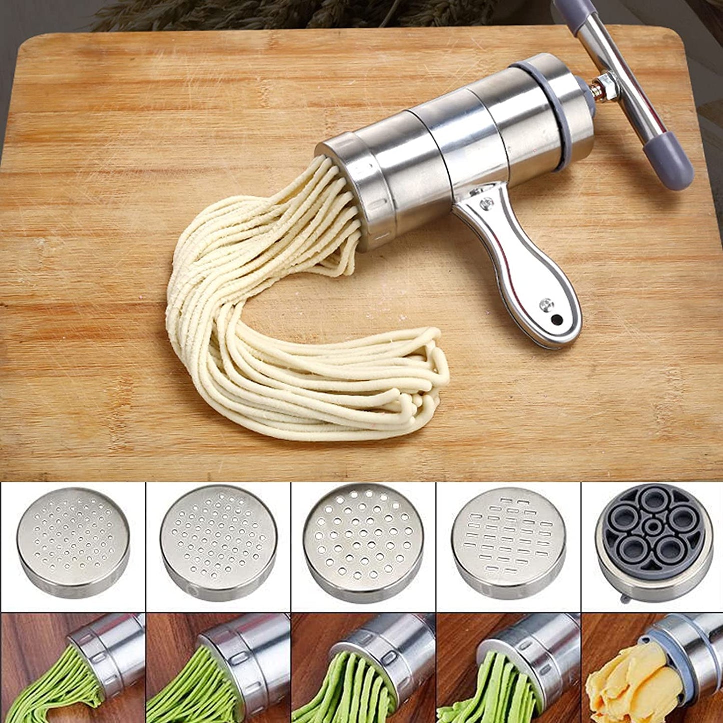 Stainless Steel Manual Pasta Maker: Hand Crank Noodle Press with 5 Moulds for Spaghetti & Fettuccine
