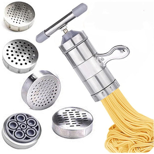 Stainless Steel Manual Pasta Maker: Hand Crank Noodle Press with 5 Moulds for Spaghetti & Fettuccine
