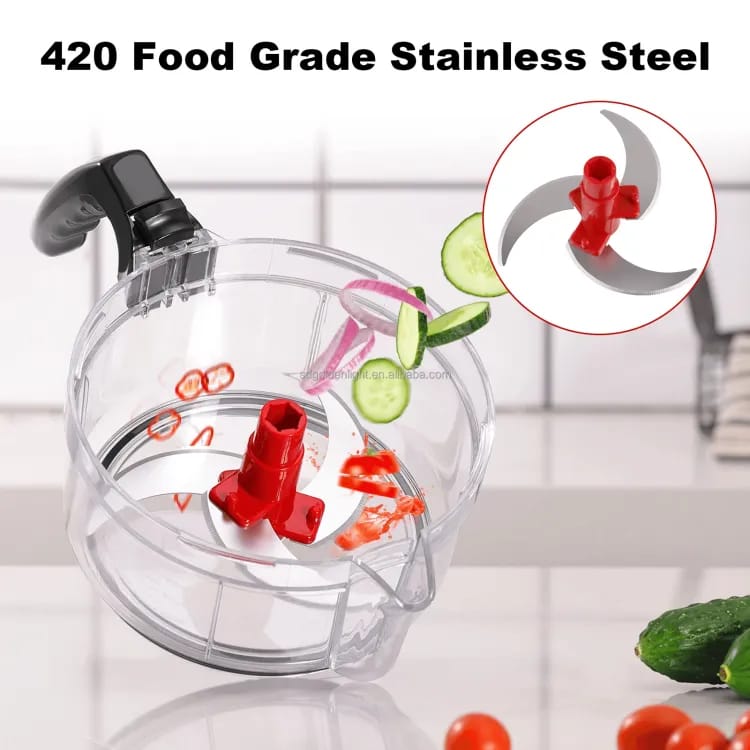 1L Manual Food Chopper - Quick Vegetable Cutter, Salad Maker, Mincer & Blender with 3 Stainless Steel Blades - Handheld Kitchen Tool