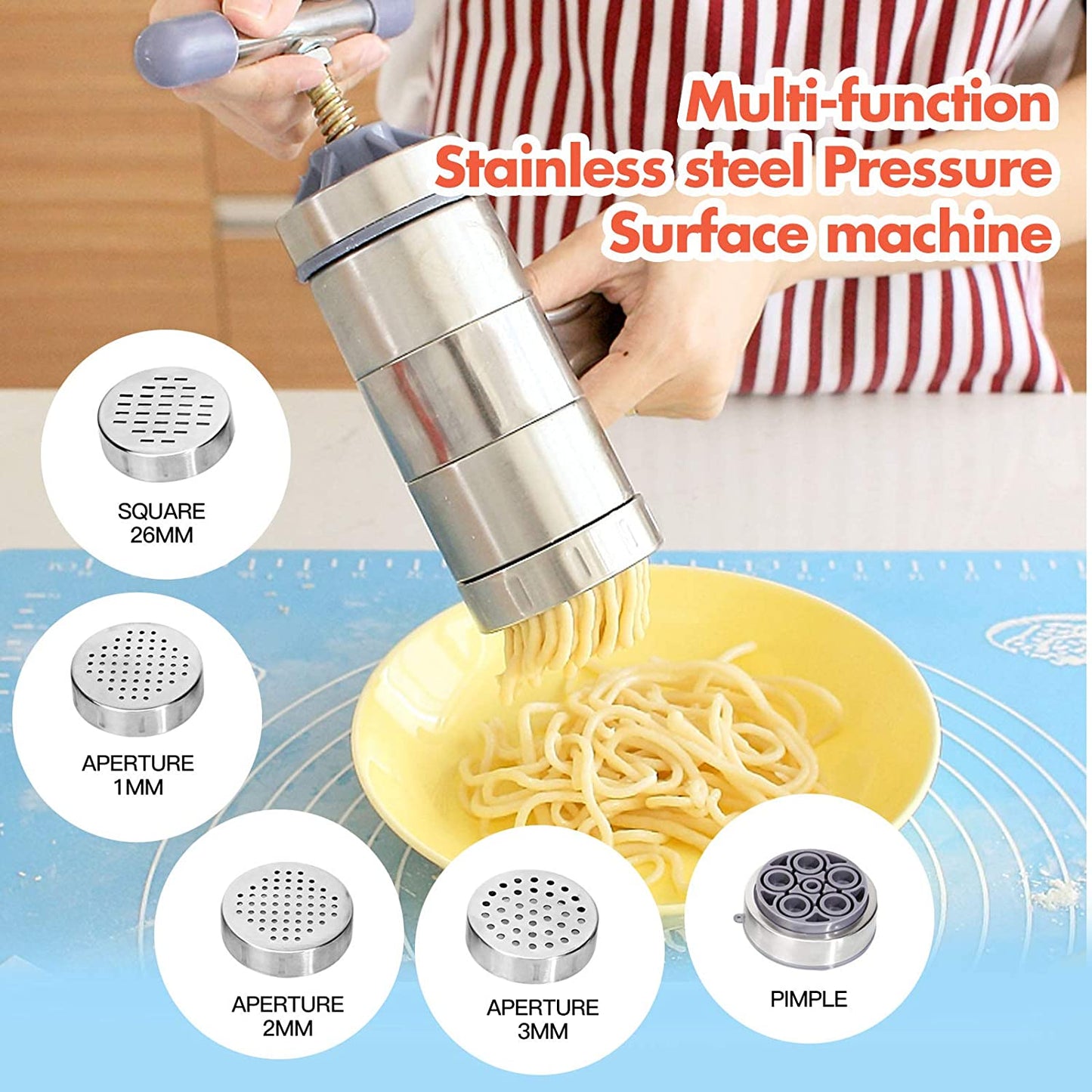 Stainless Steel Manual Pasta Maker: Hand Crank Noodle Press with 5 Moulds for Spaghetti & Fettuccine