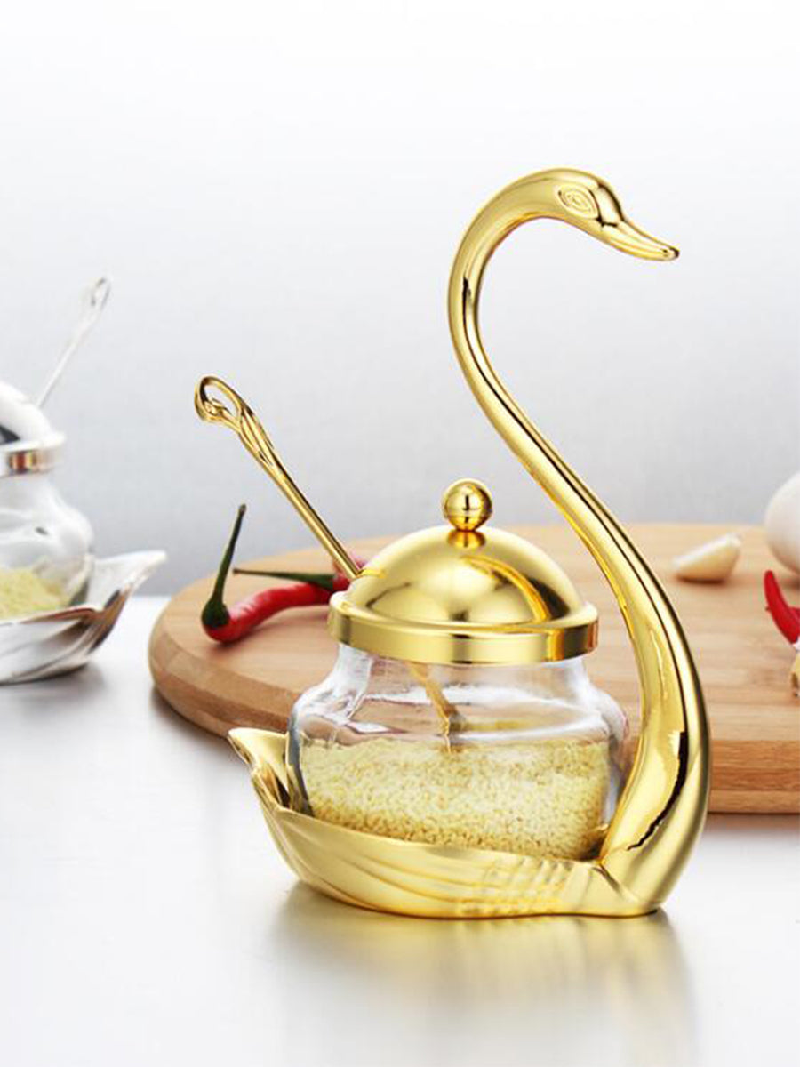 Stainless Steel Swan Spice Jar with Spoon – Decorative Sugar Bowl & Seasoning Container for Kitchen Storage