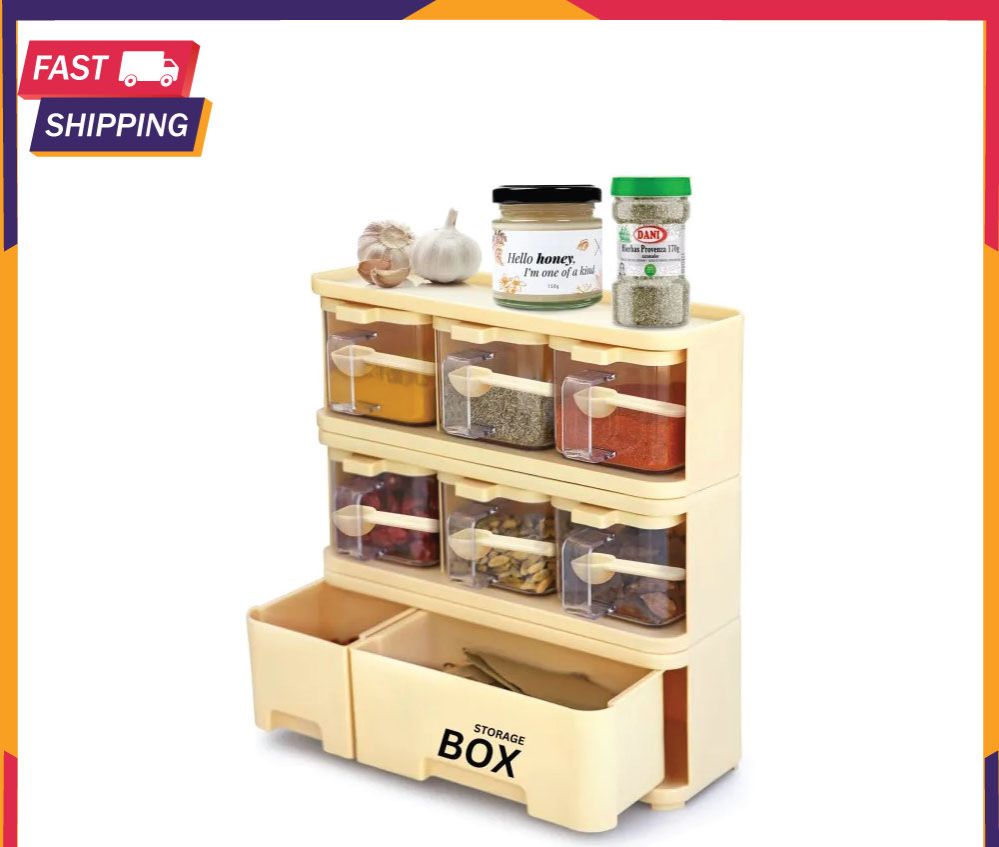 Spice Rack Storage Box Set – 6 Piece Seasoning Container with Spoon | Food Grade Plastic | Easy to Assemble & Disassemble | Masala Box for Kitchen Organizer