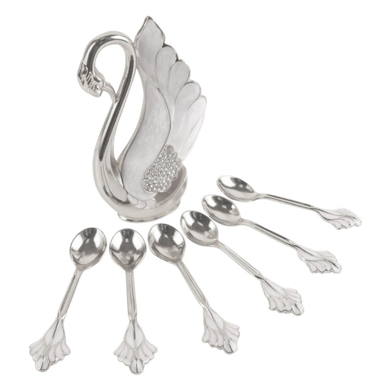 6-Piece Metal Coffee & Dessert Spoon Set with Swan Base Holder – Teaspoons, Dinner Spoons, and Fruit Spoons