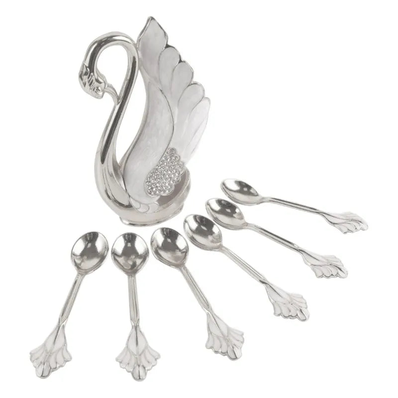 6-Piece Metal Coffee & Dessert Spoon Set with Swan Base Holder – Teaspoons, Dinner Spoons, and Fruit Spoons