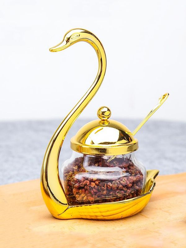 Stainless Steel Swan Spice Jar with Spoon – Decorative Sugar Bowl & Seasoning Container for Kitchen Storage