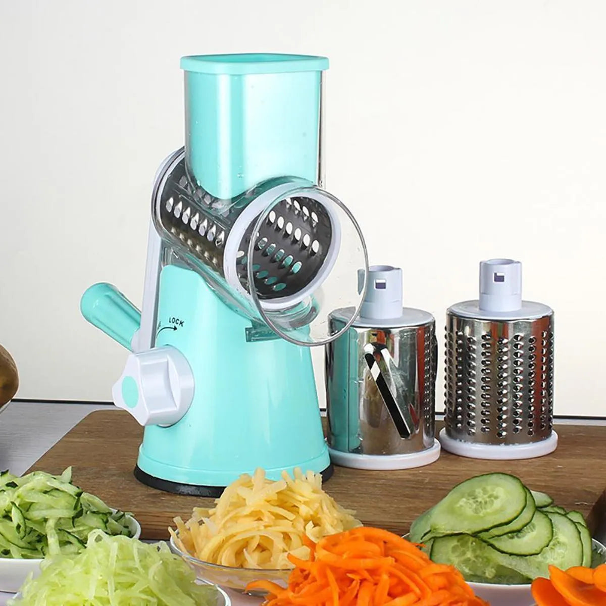Manual Tabletop Drum Cheese Grater – 3-in-1 Rotary Shredder Slicer for Cheese, Vegetables, and Fruits