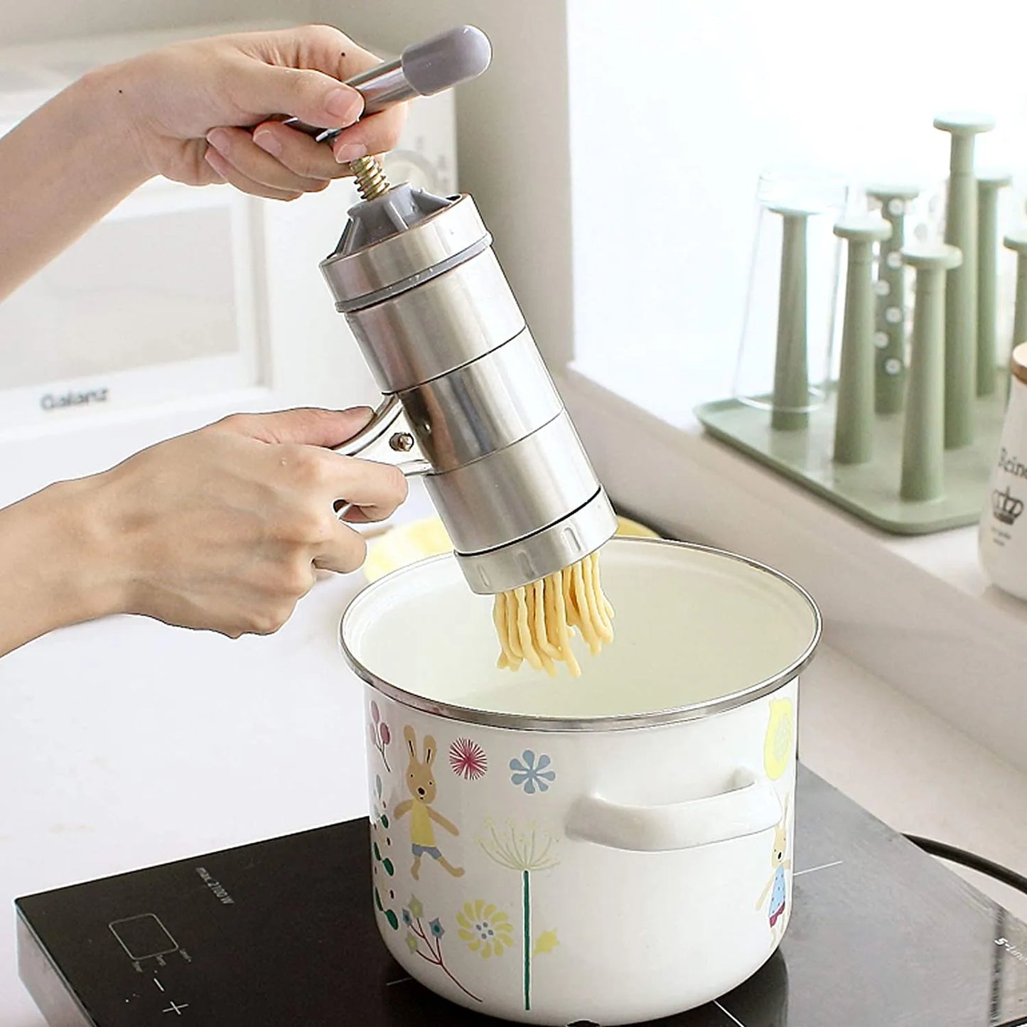 Stainless Steel Manual Pasta Maker: Hand Crank Noodle Press with 5 Moulds for Spaghetti & Fettuccine