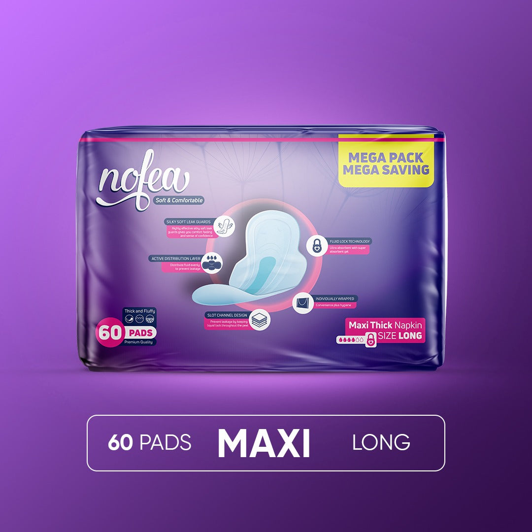 Nofea Sanitary Pads Maxi Thick Long (60 Pads) – Ultimate Comfort & Protection